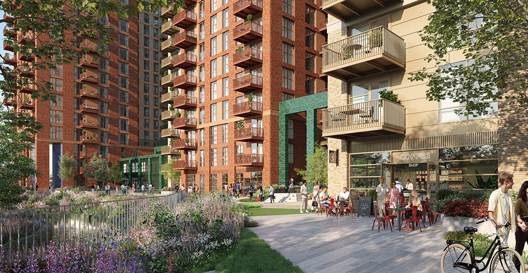 Fulton and Fifth development beside landscaped gardens in Wembley Park